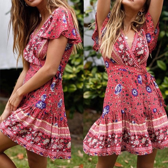 Red Floral Ruffle Wrap Dress - Picture 4 of 8